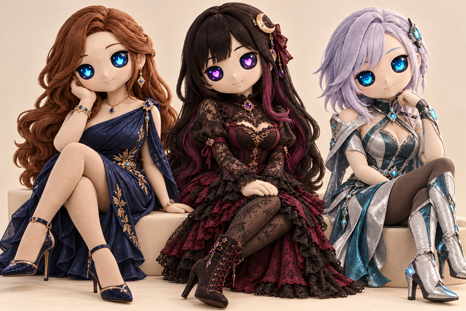 Three original adult plush companion concepts: Aurelia in navy eveningwear, Luna in gothic lace, and Nova in silver cyber fashion, all with electronic screen eyes