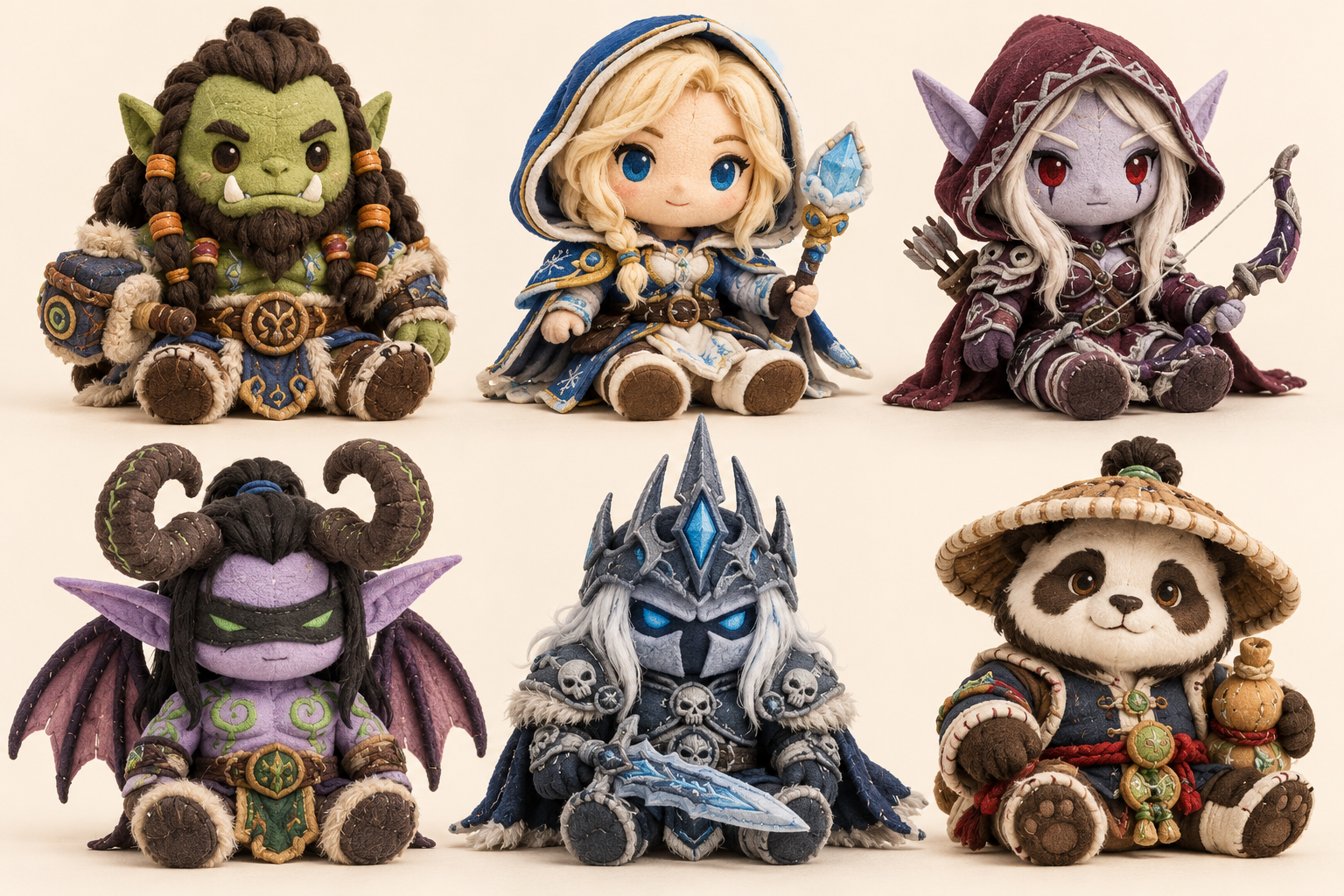 Six AI-generated plush concepts inspired by World of Warcraft: Thrall, Jaina, Sylvanas, Illidan, Arthas and Chen