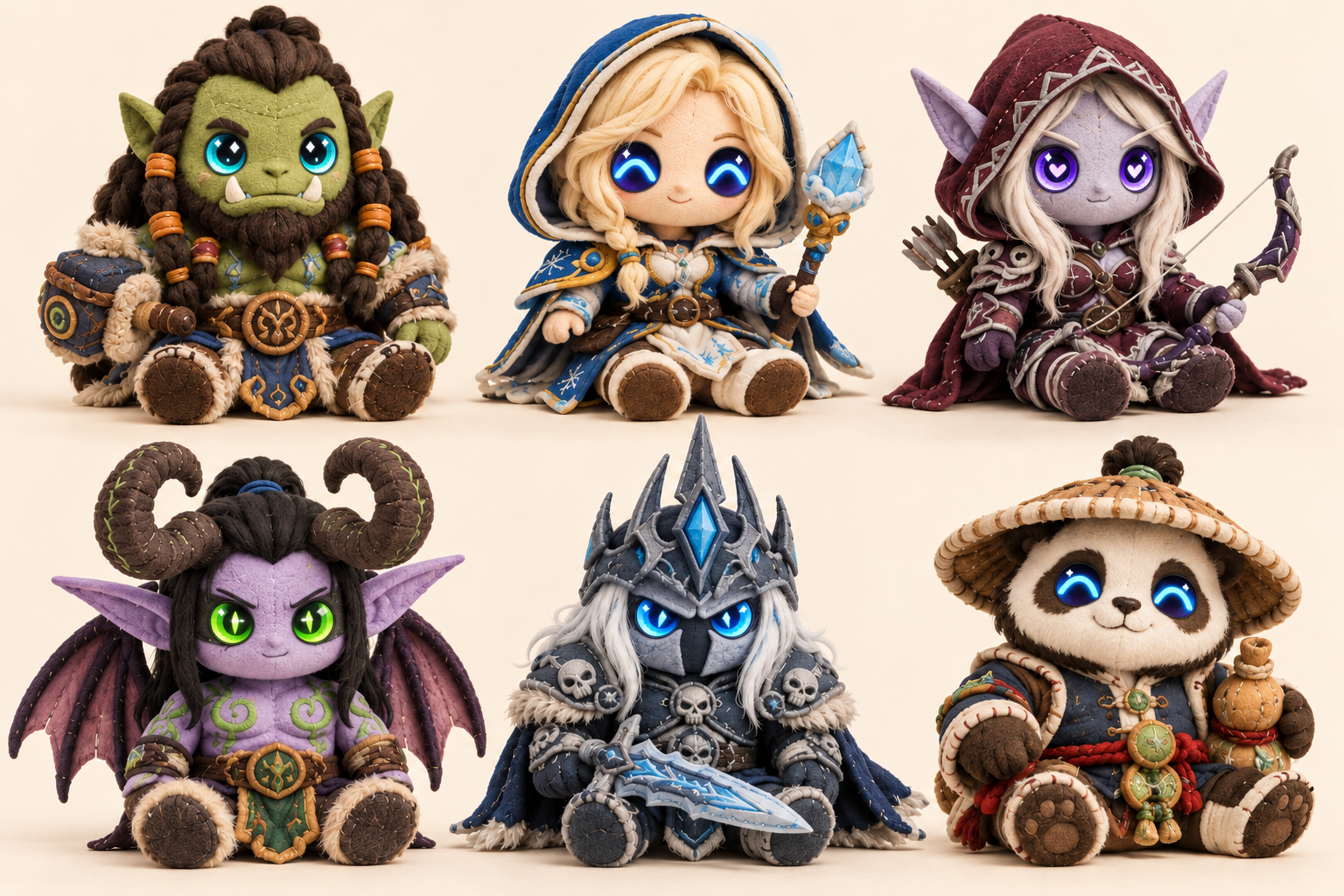 Six AI-generated plush concepts with expressive electronic display eyes inspired by World of Warcraft: Thrall, Jaina, Sylvanas, Illidan, Arthas and Chen
